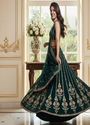bottle green faux georgette lehenga choli with embroidery 2