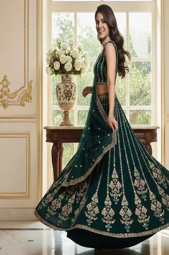 bottle green faux georgette lehenga choli with embroidery