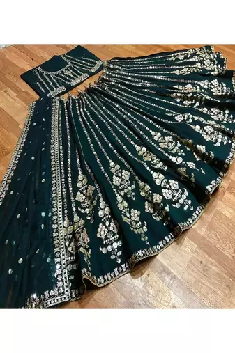 bottle green faux georgette lehenga choli with embroidery