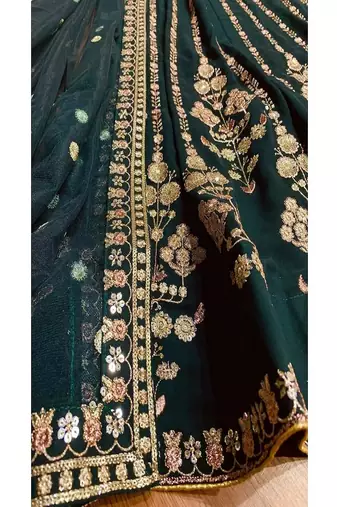 bottle green faux georgette lehenga choli with embroidery