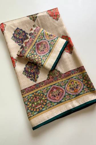 Off White Color Jari & Jaqurad Weaving Work Silk Blend Saree