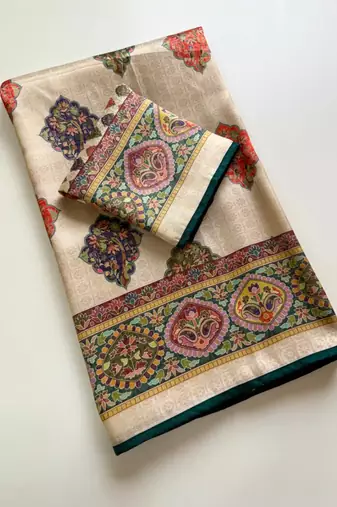 Off White Color Jari & Jaqurad Weaving Work Silk Blend Saree