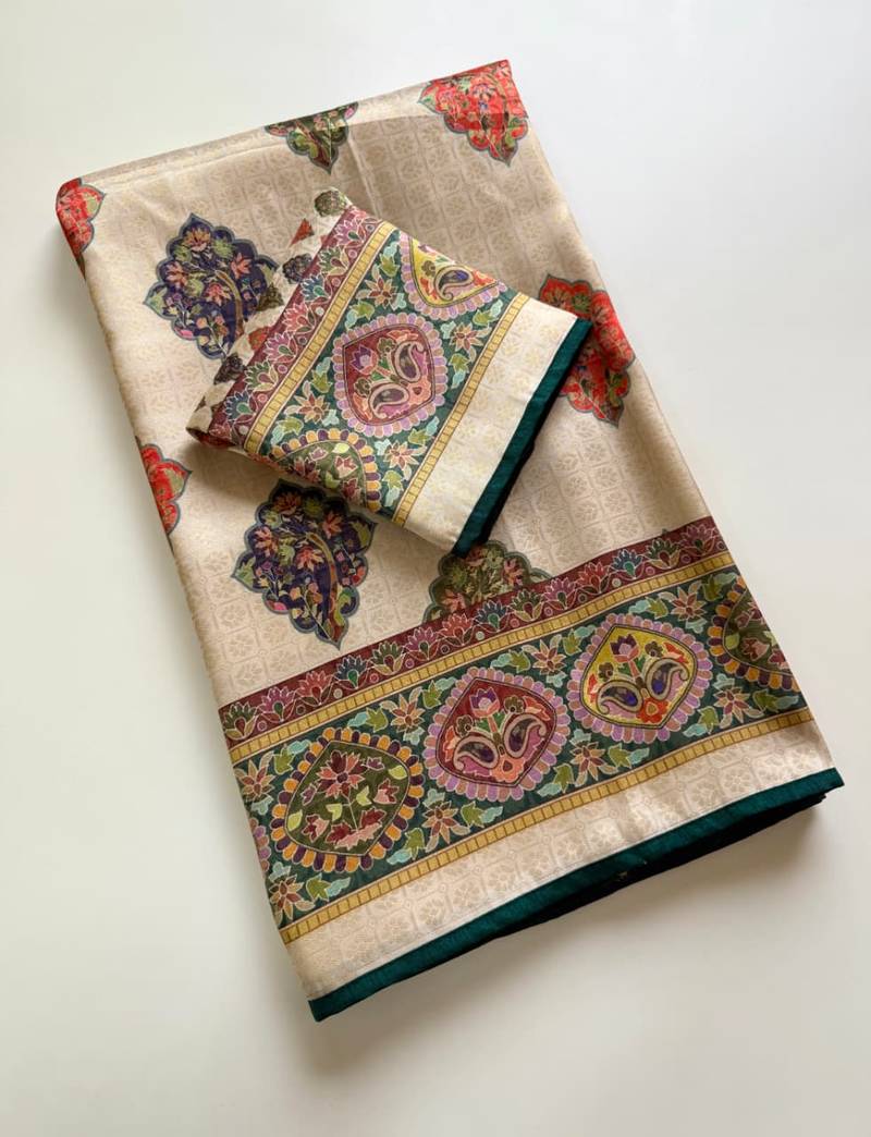 Off White Color Jari & Jaqurad Weaving Work Silk Blend Saree