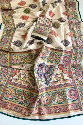 Off White Color Jari & Jaqurad Weaving Work Silk Blend Saree