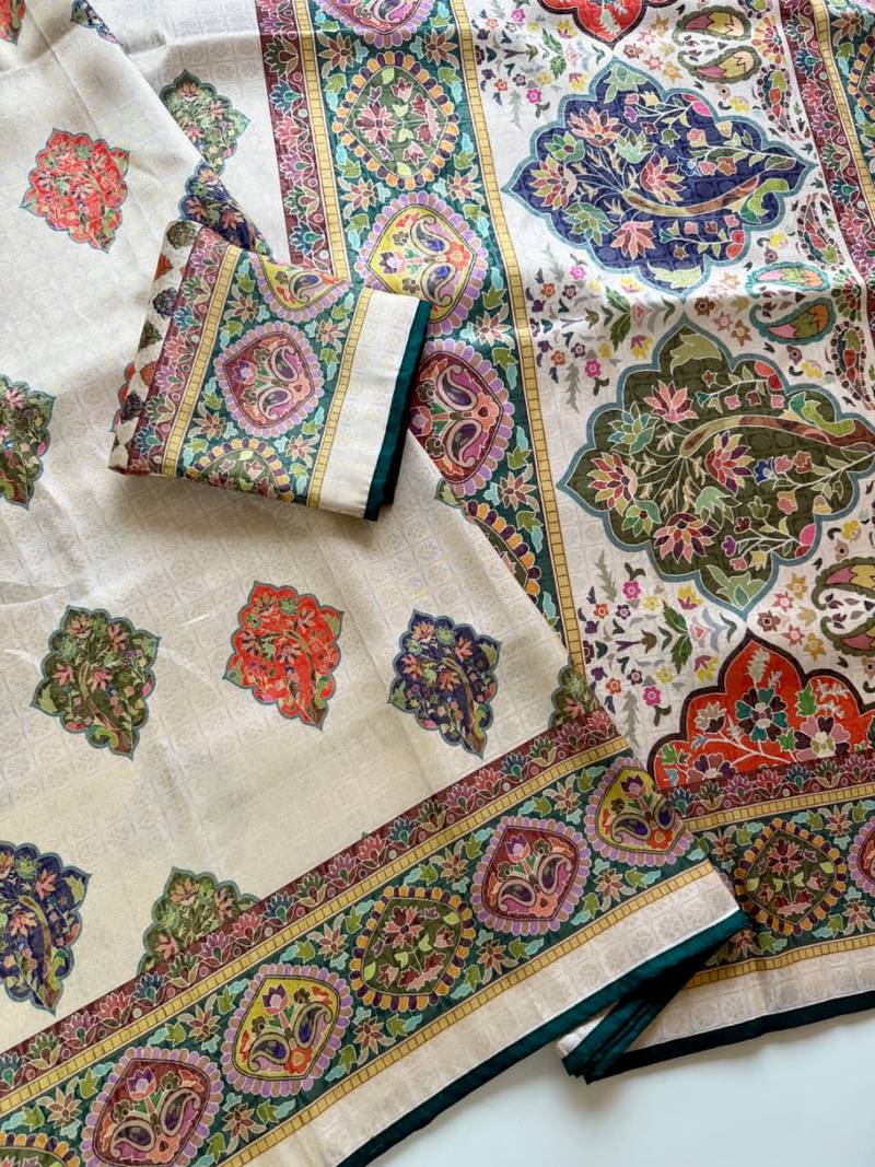 Off White Color Jari & Jaqurad Weaving Work Silk Blend Saree