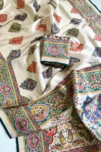 Off White Color Jari & Jaqurad Weaving Work Silk Blend Saree