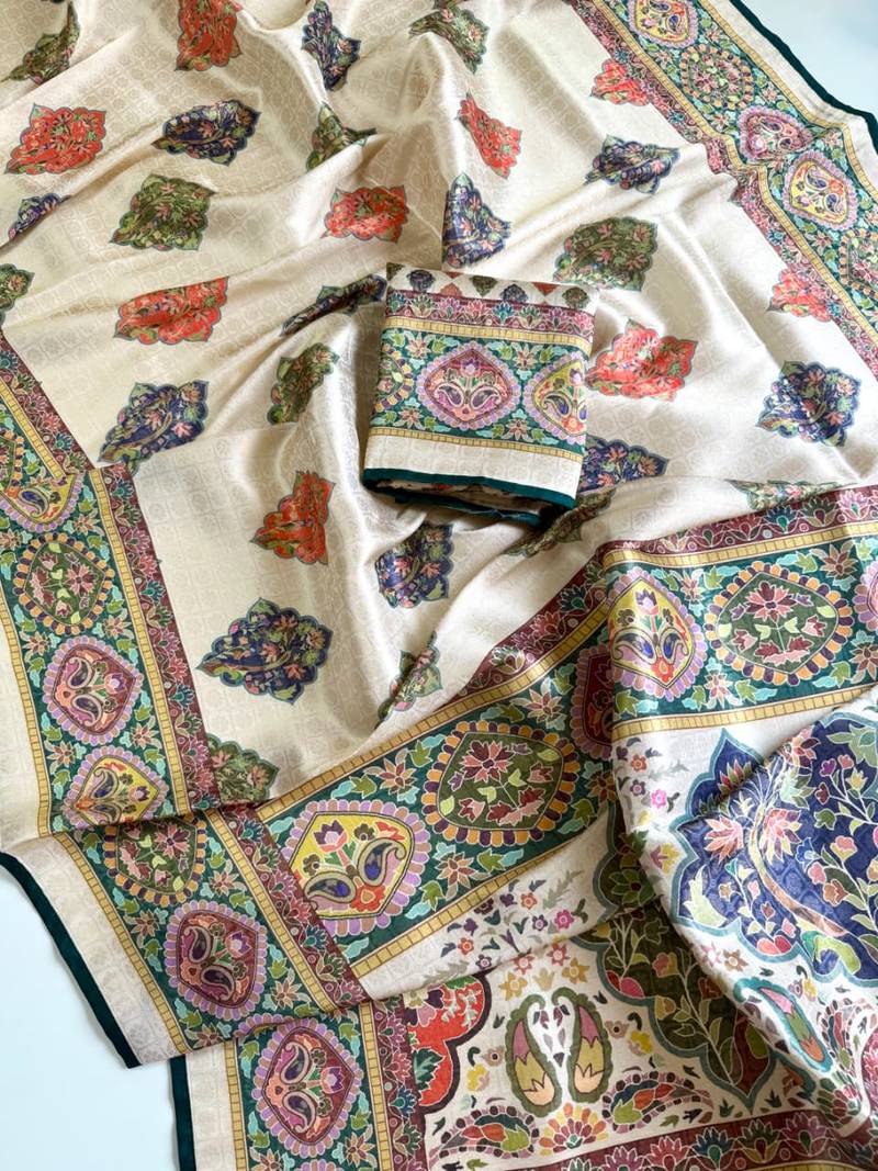 Off White Color Jari & Jaqurad Weaving Work Silk Blend Saree