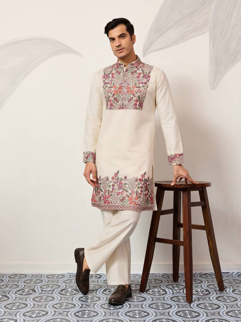 WHITE VISCOSE SILK THREAD & SEQUINS EMBROIDERED WORK FESTIVAL MARRIAGE PARTY WEAR STRAIGHT MENS KURTA WITH PANT