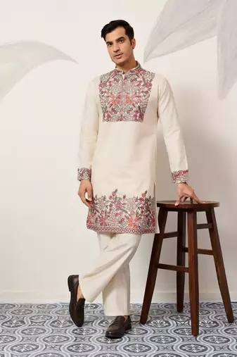 WHITE VISCOSE SILK THREAD & SEQUINS EMBROIDERED WORK FESTIVAL MARRIAGE PARTY WEAR STRAIGHT MENS KURTA WITH PANT