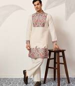 WHITE VISCOSE SILK THREAD & SEQUINS EMBROIDERED WORK FESTIVAL MARRIAGE PARTY WEAR STRAIGHT MENS KURTA WITH PANT