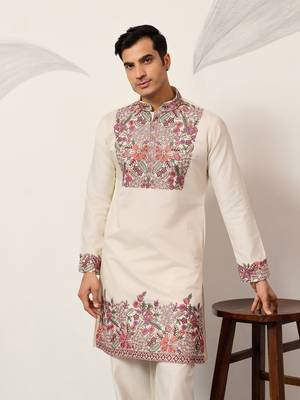 WHITE VISCOSE SILK THREAD & SEQUINS EMBROIDERED WORK FESTIVAL MARRIAGE PARTY WEAR STRAIGHT MENS KURTA WITH PANT 2
