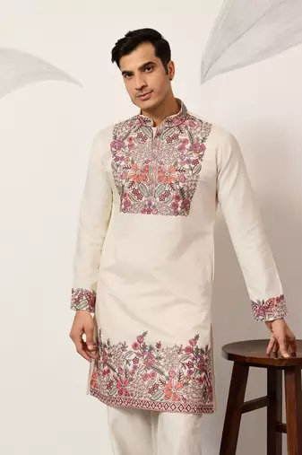 WHITE VISCOSE SILK THREAD & SEQUINS EMBROIDERED WORK FESTIVAL MARRIAGE PARTY WEAR STRAIGHT MENS KURTA WITH PANT