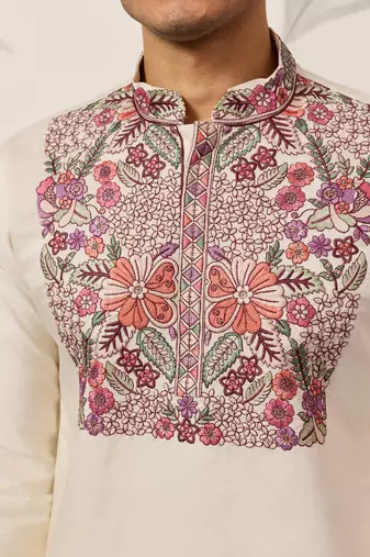 WHITE VISCOSE SILK THREAD & SEQUINS EMBROIDERED WORK FESTIVAL MARRIAGE PARTY WEAR STRAIGHT MENS KURTA WITH PANT