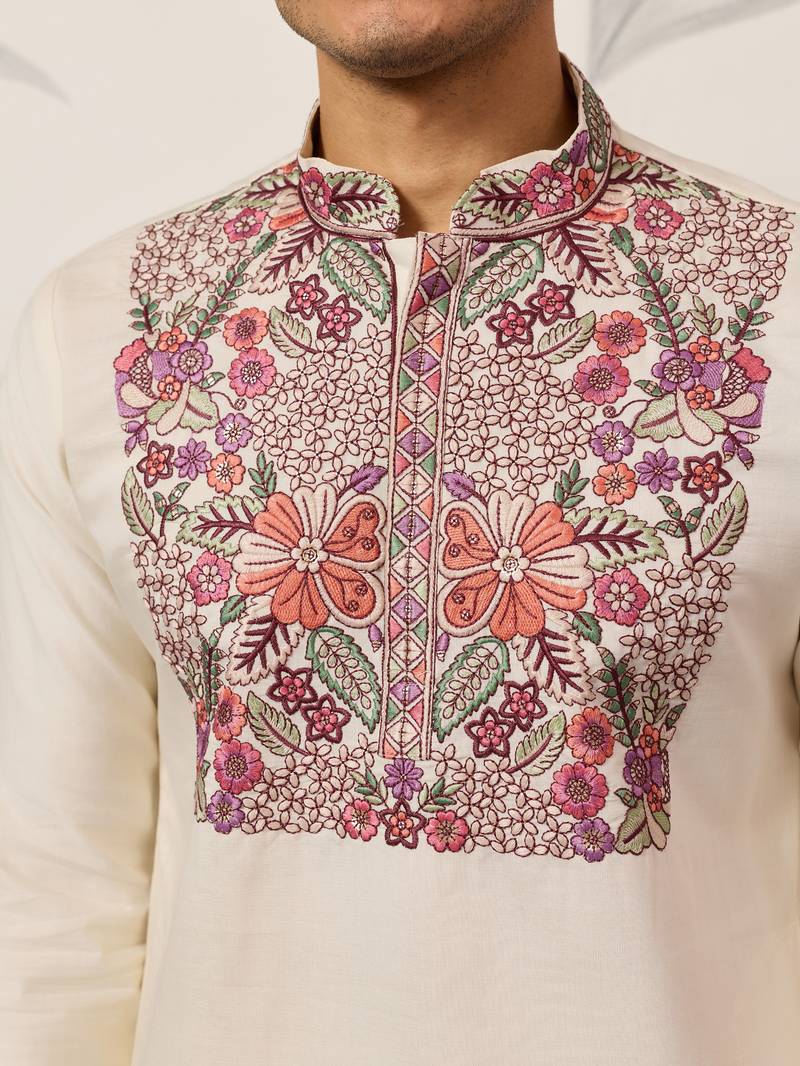WHITE VISCOSE SILK THREAD & SEQUINS EMBROIDERED WORK FESTIVAL MARRIAGE PARTY WEAR STRAIGHT MENS KURTA WITH PANT