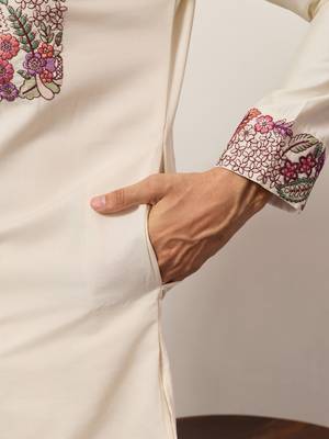 WHITE VISCOSE SILK THREAD & SEQUINS EMBROIDERED WORK FESTIVAL MARRIAGE PARTY WEAR STRAIGHT MENS KURTA WITH PANT 4