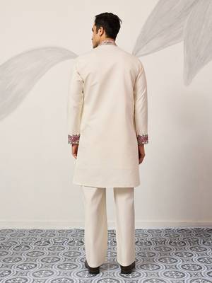 WHITE VISCOSE SILK THREAD & SEQUINS EMBROIDERED WORK FESTIVAL MARRIAGE PARTY WEAR STRAIGHT MENS KURTA WITH PANT 5