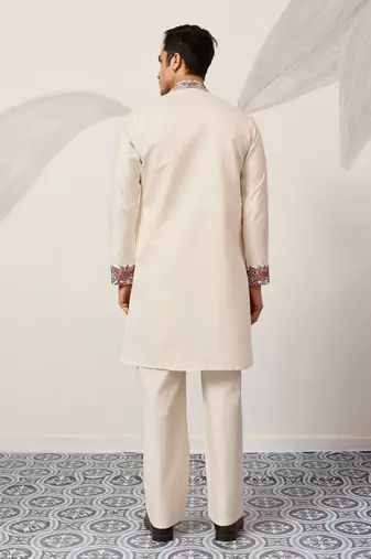 WHITE VISCOSE SILK THREAD & SEQUINS EMBROIDERED WORK FESTIVAL MARRIAGE PARTY WEAR STRAIGHT MENS KURTA WITH PANT