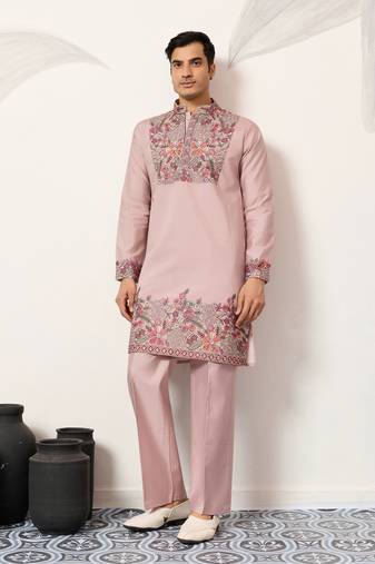 DUSTY PINK VISCOSE SILK THREAD & SEQUINS EMBROIDERED WORK FESTIVAL MARRIAGE PARTY WEAR STRAIGHT MENS KURTA WITH PANT
