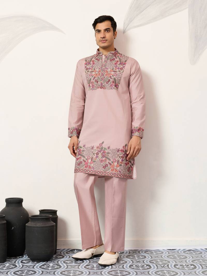 DUSTY PINK VISCOSE SILK THREAD & SEQUINS EMBROIDERED WORK FESTIVAL MARRIAGE PARTY WEAR STRAIGHT MENS KURTA WITH PANT