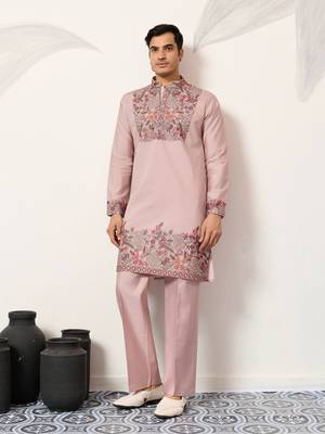 DUSTY PINK VISCOSE SILK THREAD & SEQUINS EMBROIDERED WORK FESTIVAL MARRIAGE PARTY WEAR STRAIGHT MENS KURTA WITH PANT 1