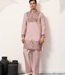 DUSTY PINK VISCOSE SILK THREAD & SEQUINS EMBROIDERED WORK FESTIVAL MARRIAGE PARTY WEAR STRAIGHT MENS KURTA WITH PANT