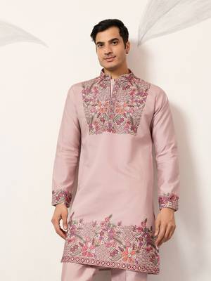 DUSTY PINK VISCOSE SILK THREAD & SEQUINS EMBROIDERED WORK FESTIVAL MARRIAGE PARTY WEAR STRAIGHT MENS KURTA WITH PANT 2