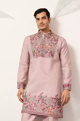 DUSTY PINK VISCOSE SILK THREAD & SEQUINS EMBROIDERED WORK FESTIVAL MARRIAGE PARTY WEAR STRAIGHT MENS KURTA WITH PANT