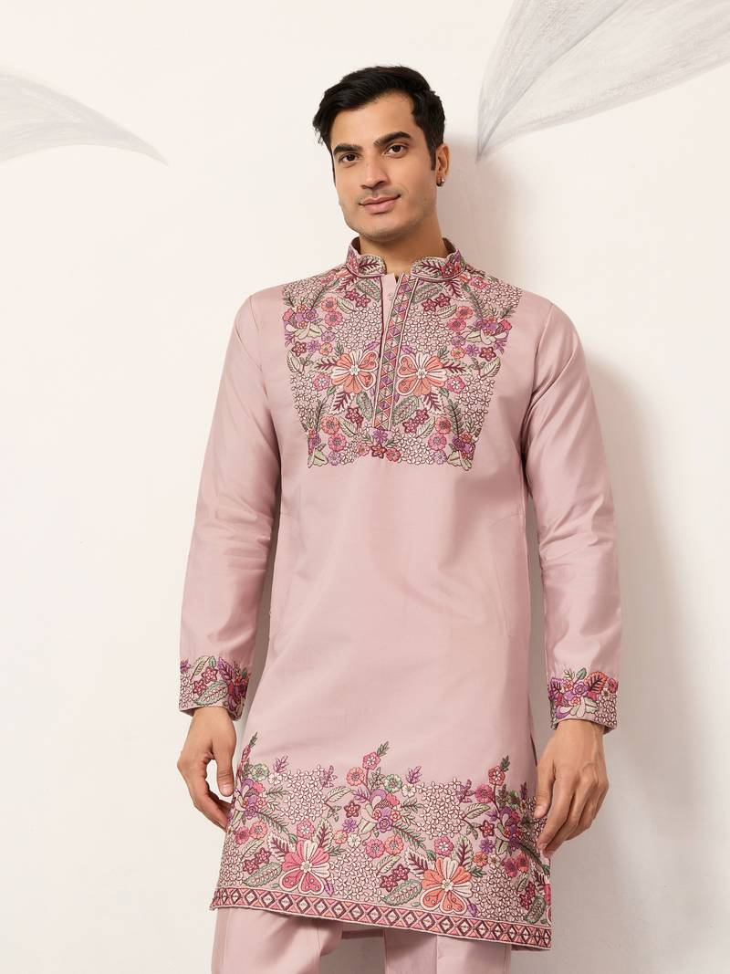 DUSTY PINK VISCOSE SILK THREAD & SEQUINS EMBROIDERED WORK FESTIVAL MARRIAGE PARTY WEAR STRAIGHT MENS KURTA WITH PANT