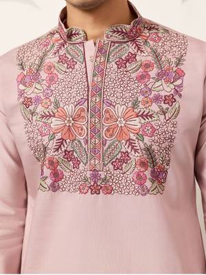 DUSTY PINK VISCOSE SILK THREAD & SEQUINS EMBROIDERED WORK FESTIVAL MARRIAGE PARTY WEAR STRAIGHT MENS KURTA WITH PANT 3