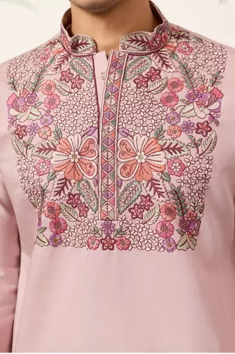 DUSTY PINK VISCOSE SILK THREAD & SEQUINS EMBROIDERED WORK FESTIVAL MARRIAGE PARTY WEAR STRAIGHT MENS KURTA WITH PANT