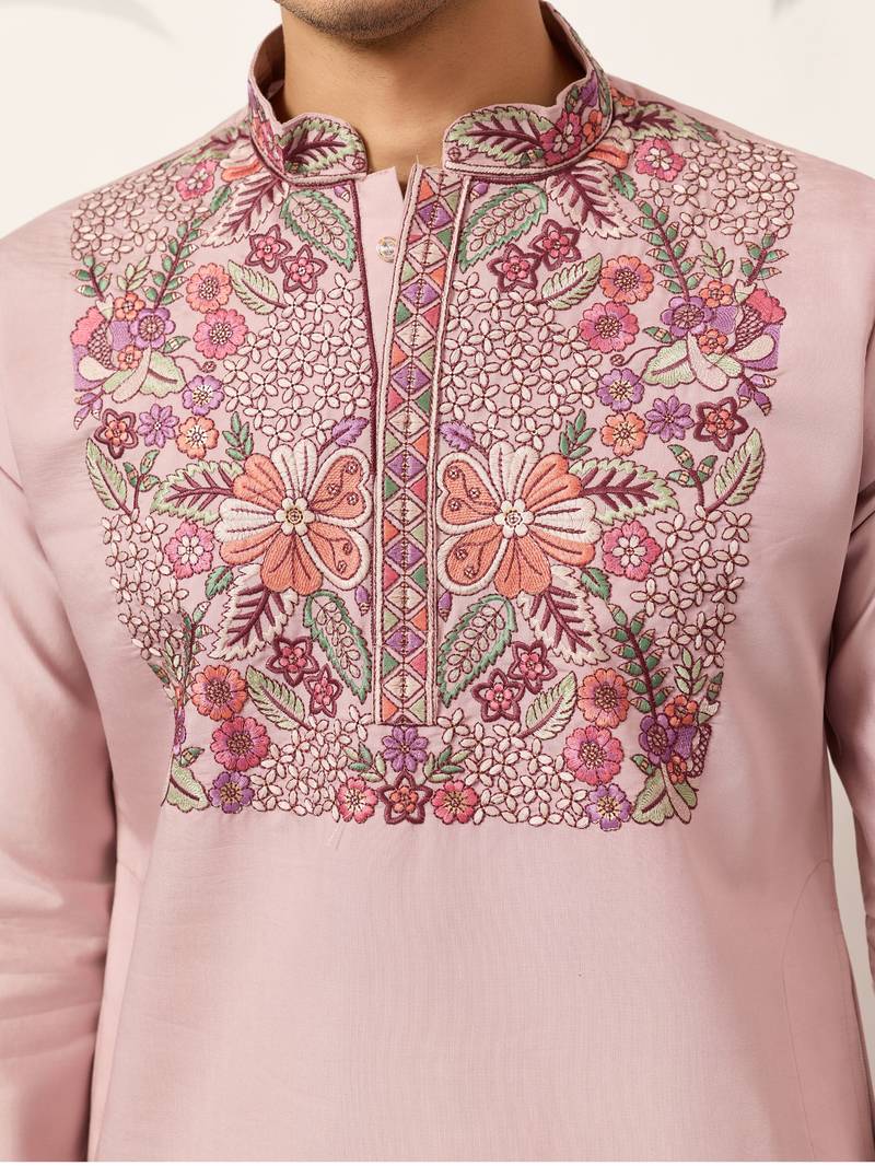 DUSTY PINK VISCOSE SILK THREAD & SEQUINS EMBROIDERED WORK FESTIVAL MARRIAGE PARTY WEAR STRAIGHT MENS KURTA WITH PANT