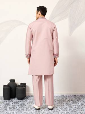 DUSTY PINK VISCOSE SILK THREAD & SEQUINS EMBROIDERED WORK FESTIVAL MARRIAGE PARTY WEAR STRAIGHT MENS KURTA WITH PANT 5