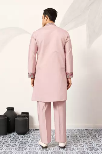 DUSTY PINK VISCOSE SILK THREAD & SEQUINS EMBROIDERED WORK FESTIVAL MARRIAGE PARTY WEAR STRAIGHT MENS KURTA WITH PANT