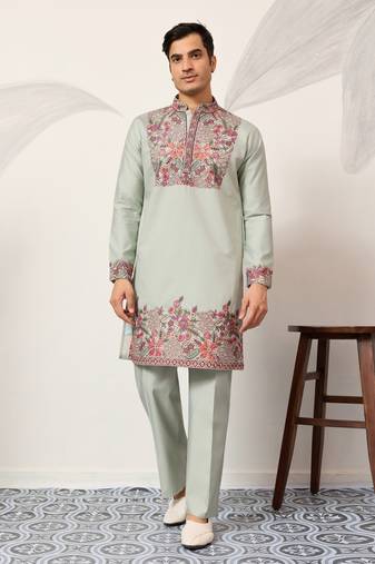 PISTA GREEN VISCOSE SILK THREAD & SEQUINS EMBROIDERED WORK WEDDING FESTIVAL  PARTY WEAR STRAIGHT MENS KURTA WITH PANT