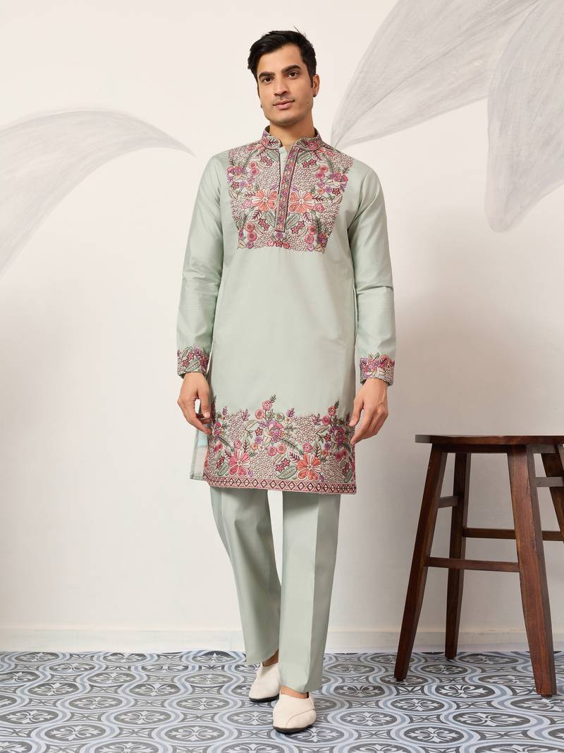 PISTA GREEN VISCOSE SILK THREAD & SEQUINS EMBROIDERED WORK WEDDING FESTIVAL  PARTY WEAR STRAIGHT MENS KURTA WITH PANT