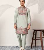 PISTA GREEN VISCOSE SILK THREAD & SEQUINS EMBROIDERED WORK WEDDING FESTIVAL  PARTY WEAR STRAIGHT MENS KURTA WITH PANT