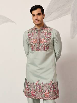 PISTA GREEN VISCOSE SILK THREAD & SEQUINS EMBROIDERED WORK WEDDING FESTIVAL  PARTY WEAR STRAIGHT MENS KURTA WITH PANT 2