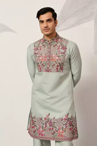 PISTA GREEN VISCOSE SILK THREAD & SEQUINS EMBROIDERED WORK WEDDING FESTIVAL  PARTY WEAR STRAIGHT MENS KURTA WITH PANT
