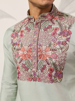 PISTA GREEN VISCOSE SILK THREAD & SEQUINS EMBROIDERED WORK WEDDING FESTIVAL  PARTY WEAR STRAIGHT MENS KURTA WITH PANT 3