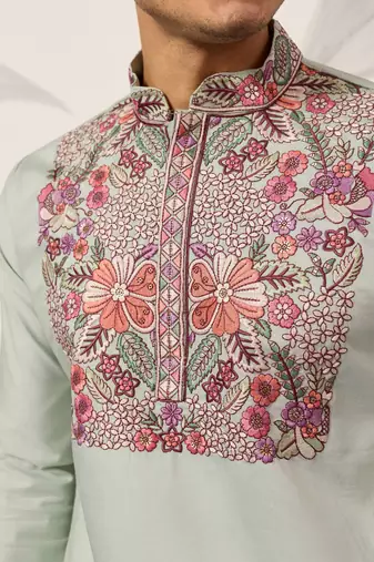PISTA GREEN VISCOSE SILK THREAD & SEQUINS EMBROIDERED WORK WEDDING FESTIVAL  PARTY WEAR STRAIGHT MENS KURTA WITH PANT