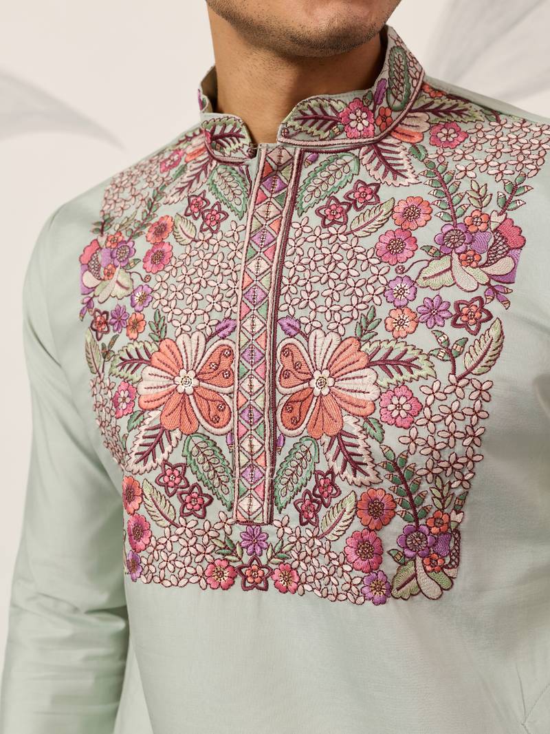 PISTA GREEN VISCOSE SILK THREAD & SEQUINS EMBROIDERED WORK WEDDING FESTIVAL  PARTY WEAR STRAIGHT MENS KURTA WITH PANT