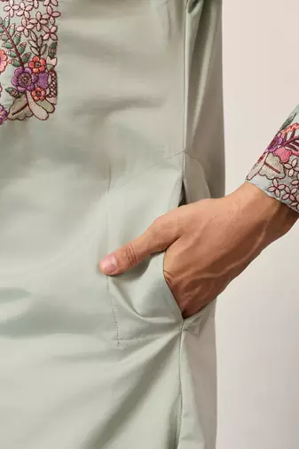 PISTA GREEN VISCOSE SILK THREAD & SEQUINS EMBROIDERED WORK WEDDING FESTIVAL  PARTY WEAR STRAIGHT MENS KURTA WITH PANT