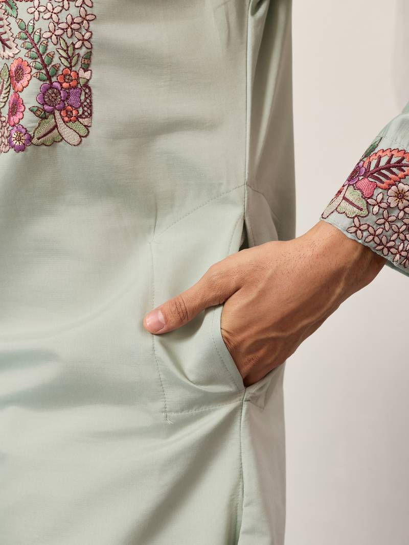 PISTA GREEN VISCOSE SILK THREAD & SEQUINS EMBROIDERED WORK WEDDING FESTIVAL  PARTY WEAR STRAIGHT MENS KURTA WITH PANT