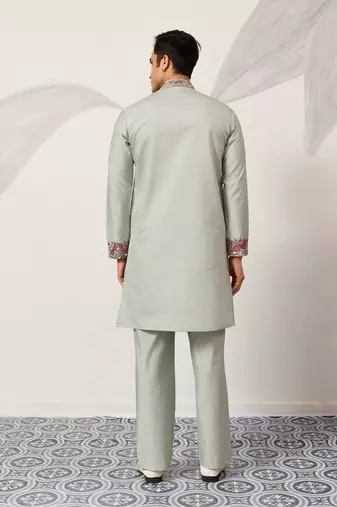 PISTA GREEN VISCOSE SILK THREAD & SEQUINS EMBROIDERED WORK WEDDING FESTIVAL  PARTY WEAR STRAIGHT MENS KURTA WITH PANT