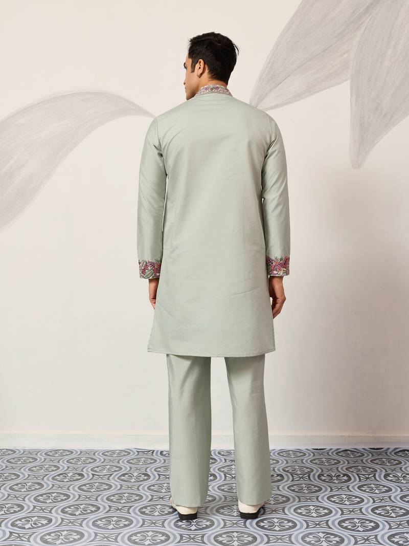 PISTA GREEN VISCOSE SILK THREAD & SEQUINS EMBROIDERED WORK WEDDING FESTIVAL  PARTY WEAR STRAIGHT MENS KURTA WITH PANT
