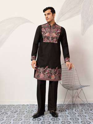 BLACK VISCOSE SILK THREAD & SEQUINS EMBROIDERED WORK FESTIVAL MARRIAGE PARTY WEAR STRAIGHT MENS KURTA WITH PANT 1