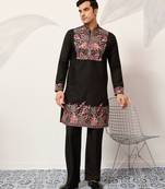 BLACK VISCOSE SILK THREAD & SEQUINS EMBROIDERED WORK FESTIVAL MARRIAGE PARTY WEAR STRAIGHT MENS KURTA WITH PANT