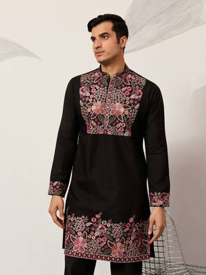BLACK VISCOSE SILK THREAD & SEQUINS EMBROIDERED WORK FESTIVAL MARRIAGE PARTY WEAR STRAIGHT MENS KURTA WITH PANT 2