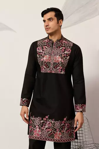 BLACK VISCOSE SILK THREAD & SEQUINS EMBROIDERED WORK FESTIVAL MARRIAGE PARTY WEAR STRAIGHT MENS KURTA WITH PANT