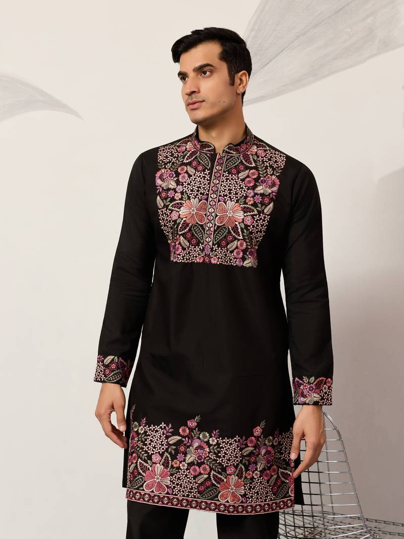 BLACK VISCOSE SILK THREAD & SEQUINS EMBROIDERED WORK FESTIVAL MARRIAGE PARTY WEAR STRAIGHT MENS KURTA WITH PANT